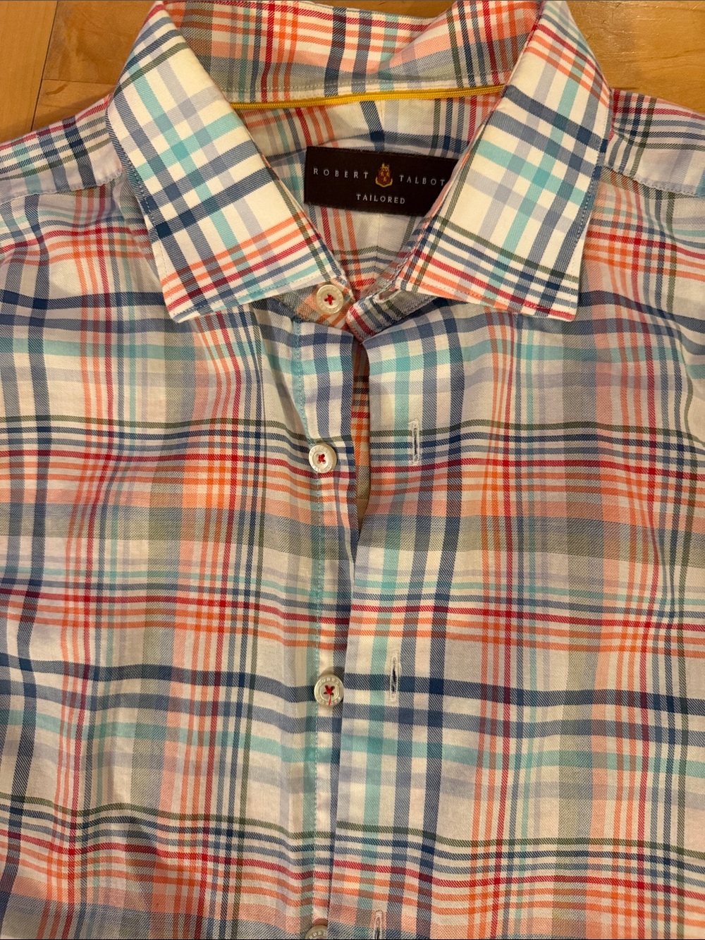 Robert Talbott Plaid Button-Up Shirt in Coral, Teal & White
